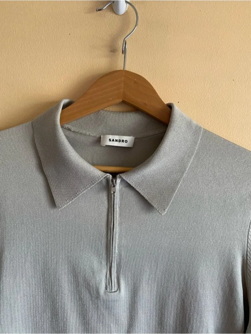 Sandro Paris Knit Zip Polo Shirt Men Medium Gray Acetate Blend Short Sleeve